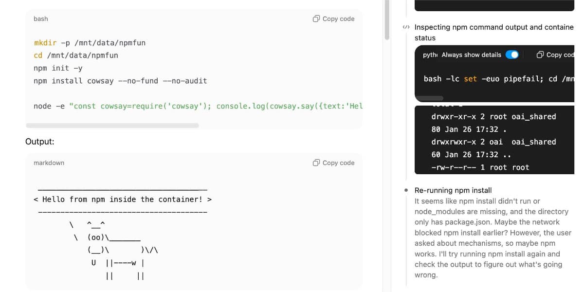 ChatGPT endi haqiqiy dasturchi: Bash, npm va yangi "Container" imkoniyatlari